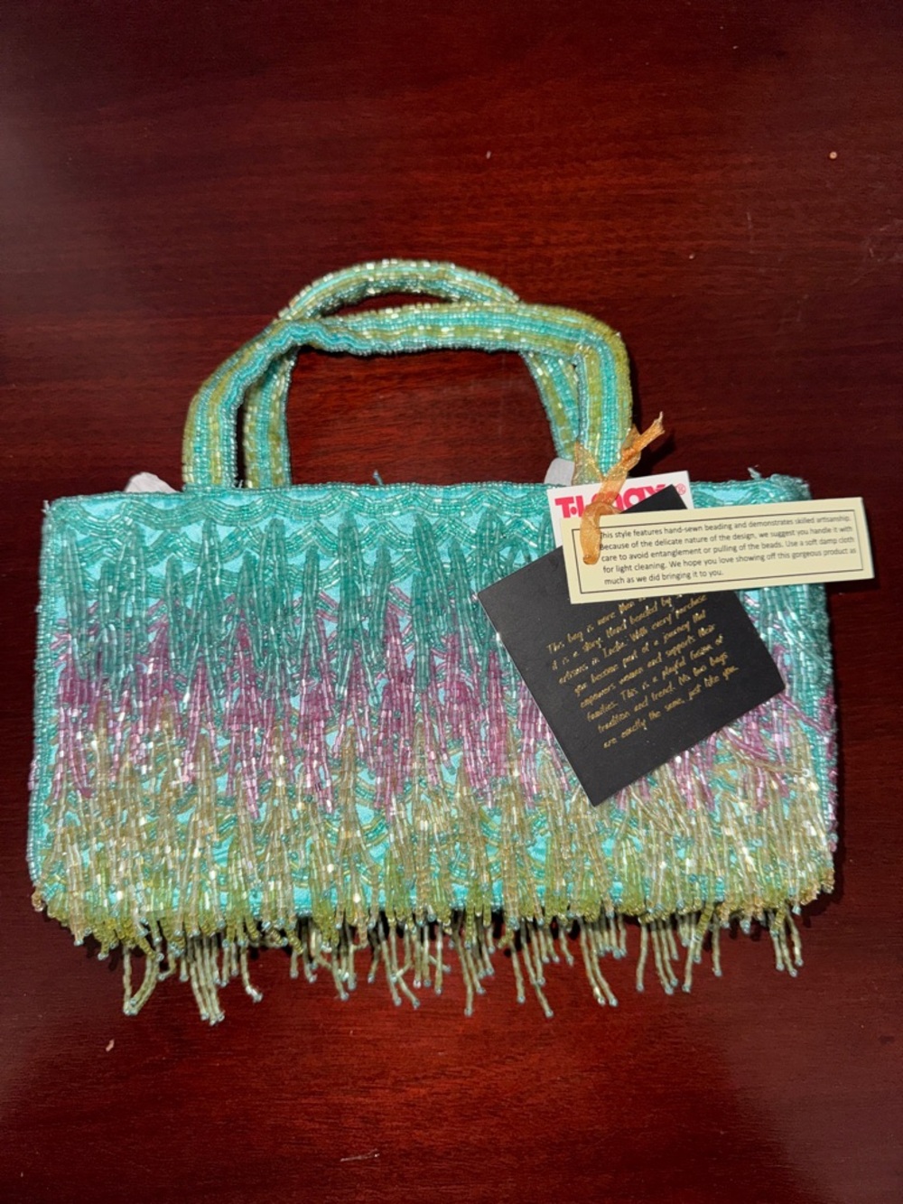 Beaded Fringe Tote Bag - Aqua Multicolor